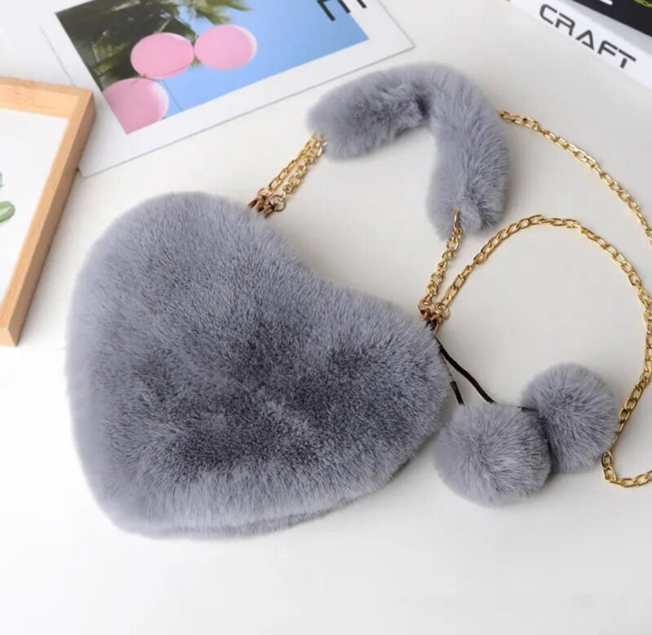 Fluffy Heart Purse-grey